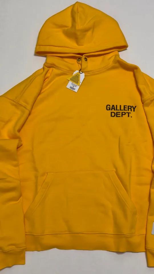 GALLERY DEPT. 90'S GD LOGO HOODIE 90's retro destruction yellow English hoodie Yellow S-XL Needs custom weaving and dyeing 500g high weight sweatshirt fabric Light fleece treatment on the inside Overall quite wide and comfortable Loose version Trendy and fashionable Same as the original version Water slurry non-touch printing process Original consistent hang tag with G LOGO hanging beads